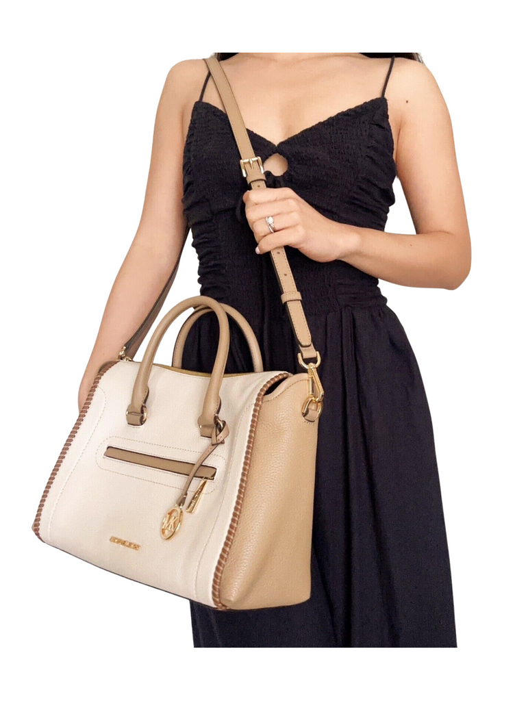 on-model-Michael-Kors-Carine-Large-Top-Zip-Satchel-Crossbody-Light-Cream-Multi-Leather