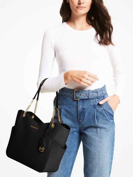 on-model-Michael-Kors-Jet-Set-Large-Saffiano-Leather-Shoulder-Bag-Black