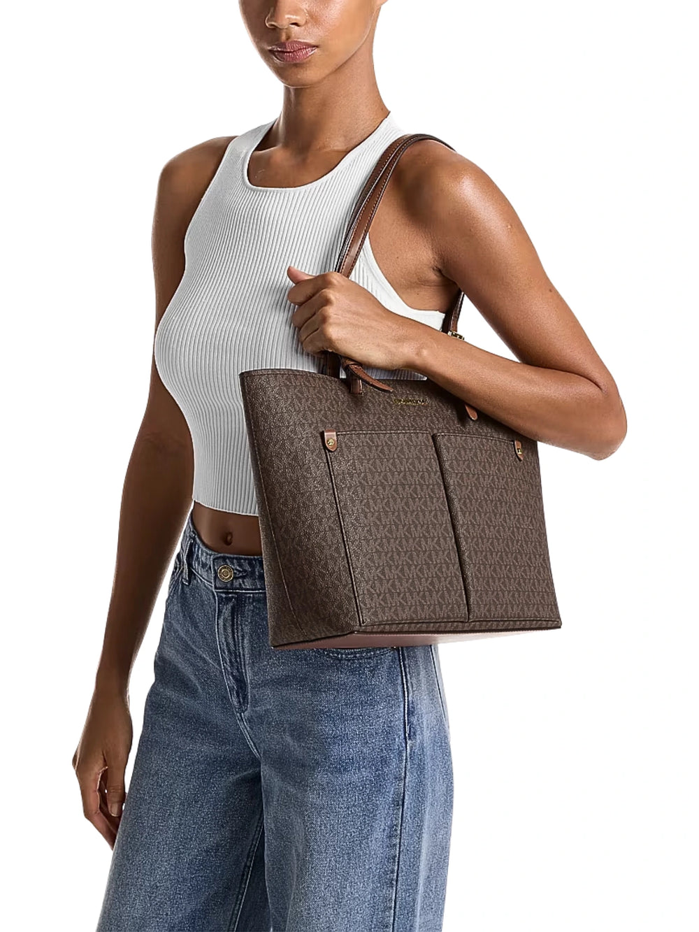 on-model-Michael-Kors-Jet-Set-Medium-Logo-Pocket-Tote-Bag-Brown