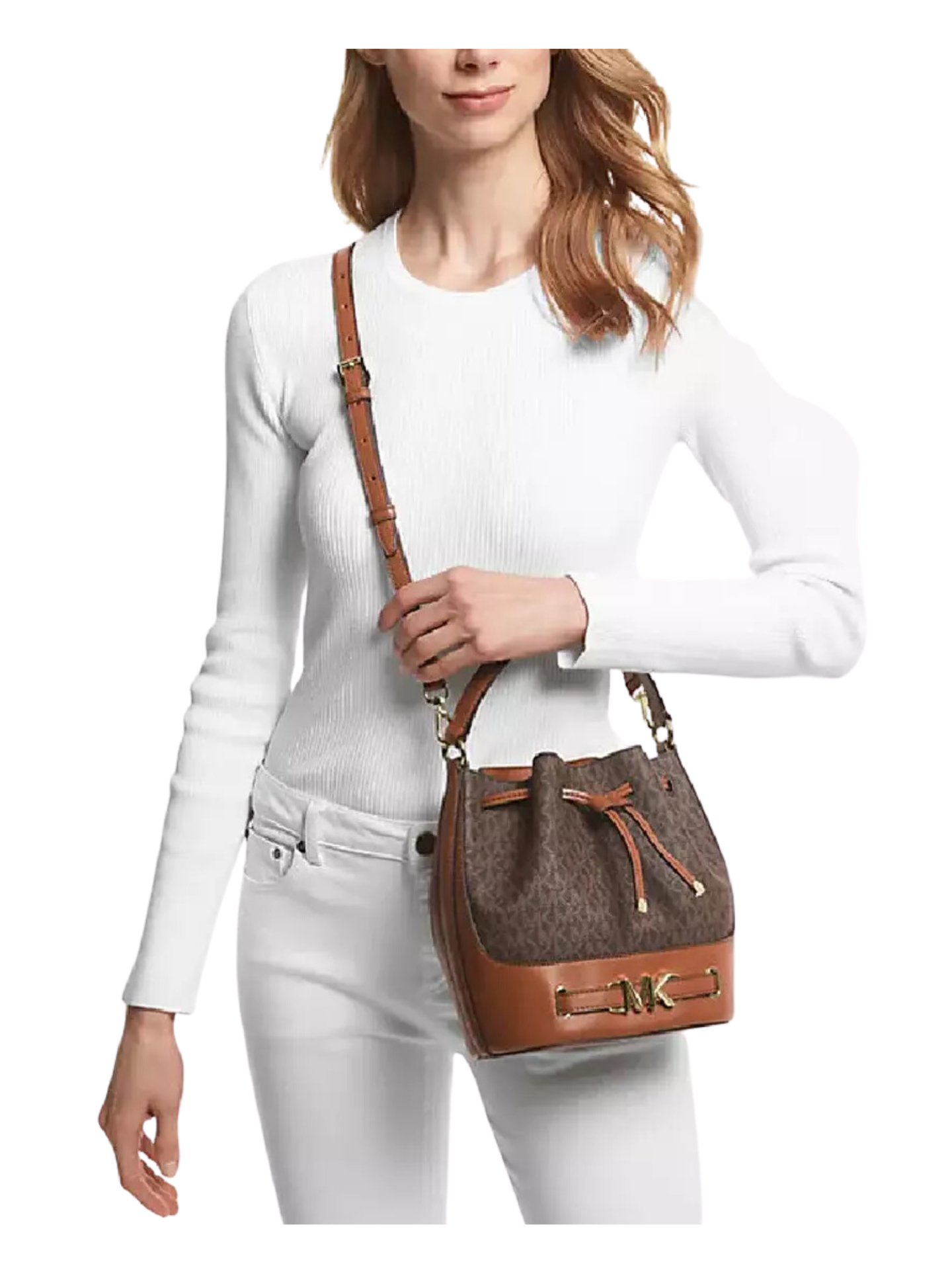 on-model-Michael-Kors-Medium-Bucket-Messenger-Bag-Brown