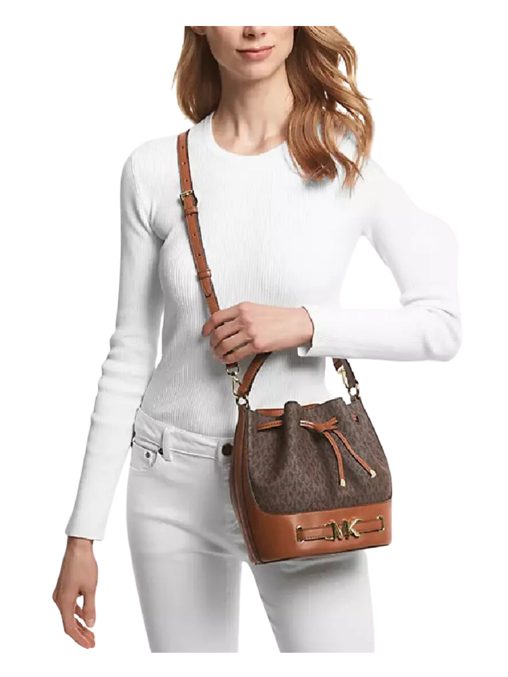 on-model-Michael-Kors-Medium-Bucket-Messenger-Bag-Brown