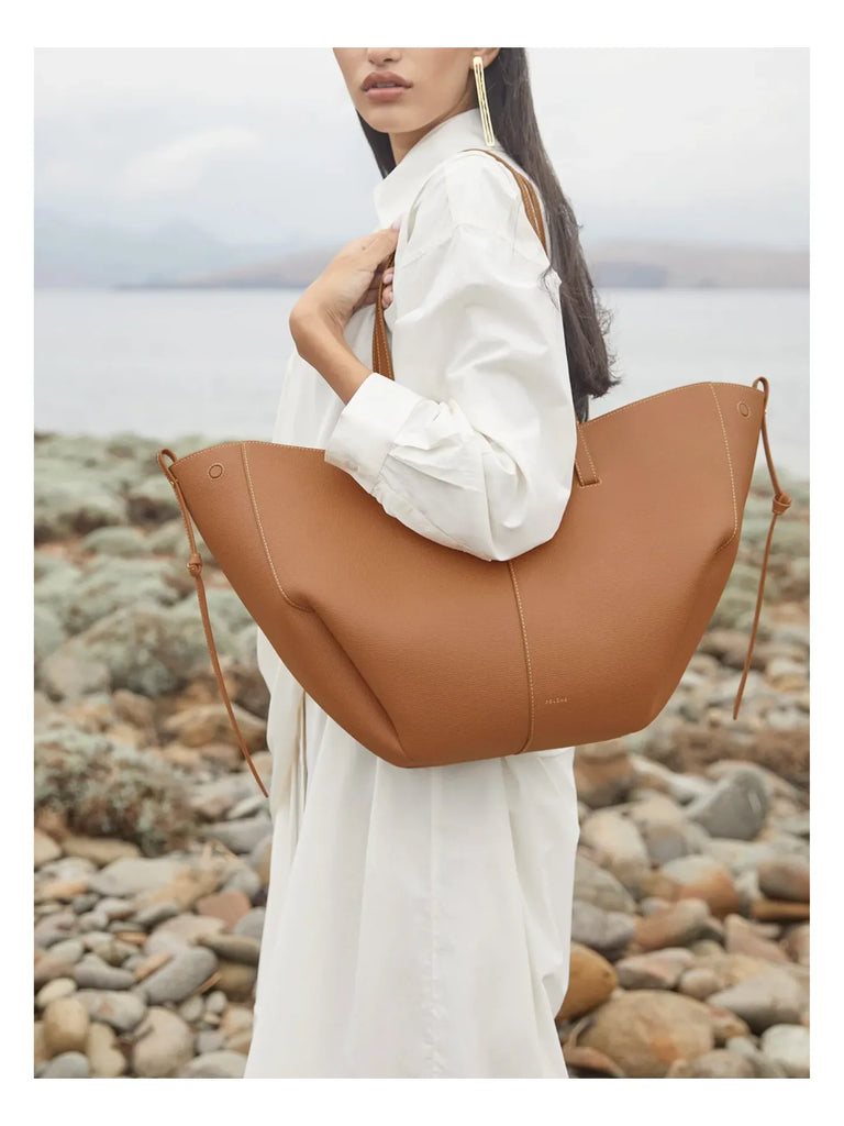 on-model-Polene-Cyme-Textured-Camel-Bag