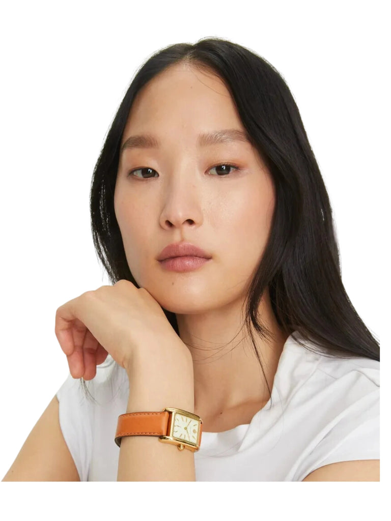 on-model-Tory-Burch-Eleanor-Watch-Brown-LeatherGold-Tone-Stainless