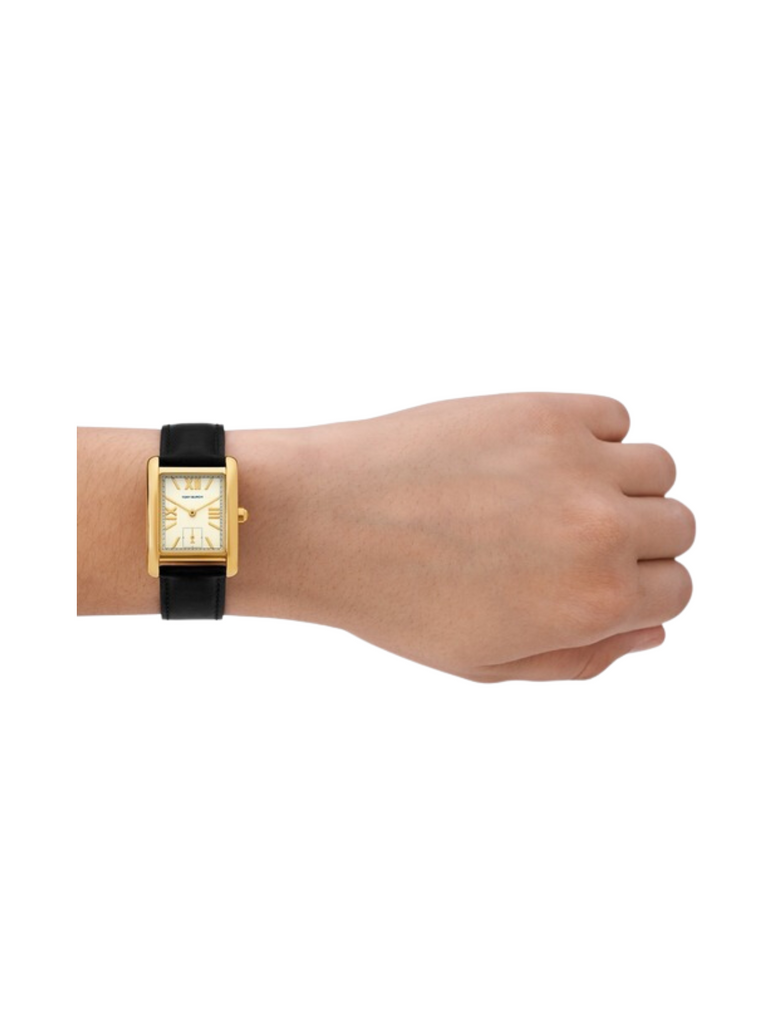 on-model-Tory-Burch-Gold-Eleanor-Watch-Black-LeatherStrap-Ladies-Watch