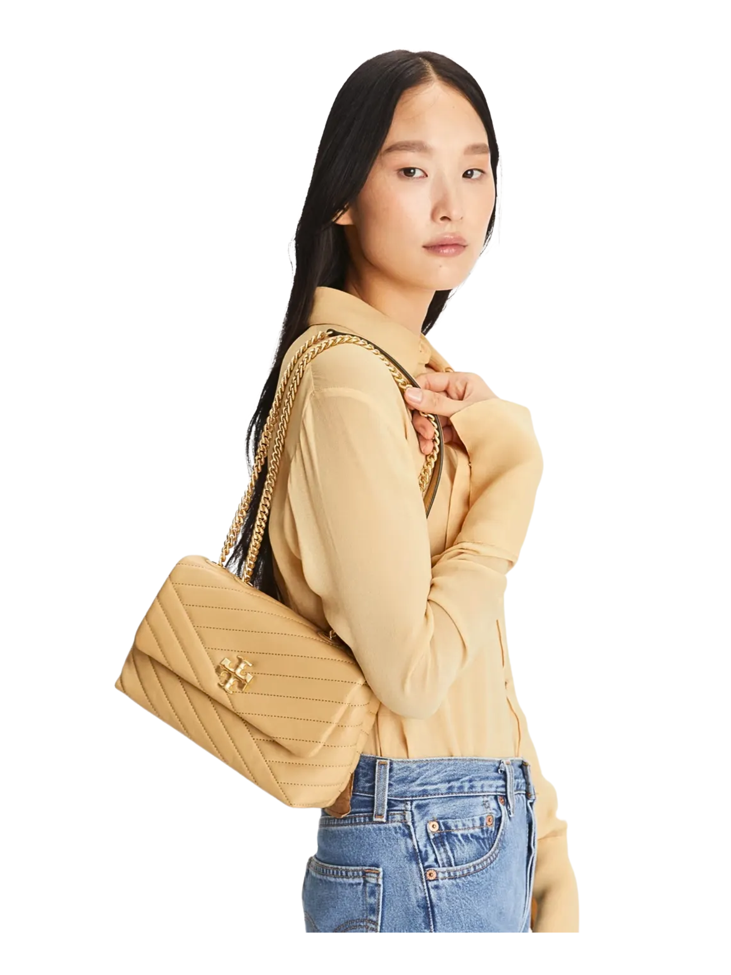 on-model-Tory-Burch-Kira-Chevron-Small-Convertible-Shoulder-Bag-Desert-Dune