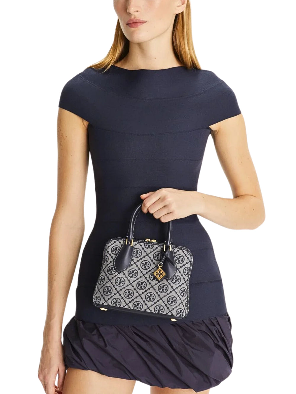 on-model-Tory-Burch-Mini-T-Monogram-Jacquard-Swing-Satchel-Tory-Navy