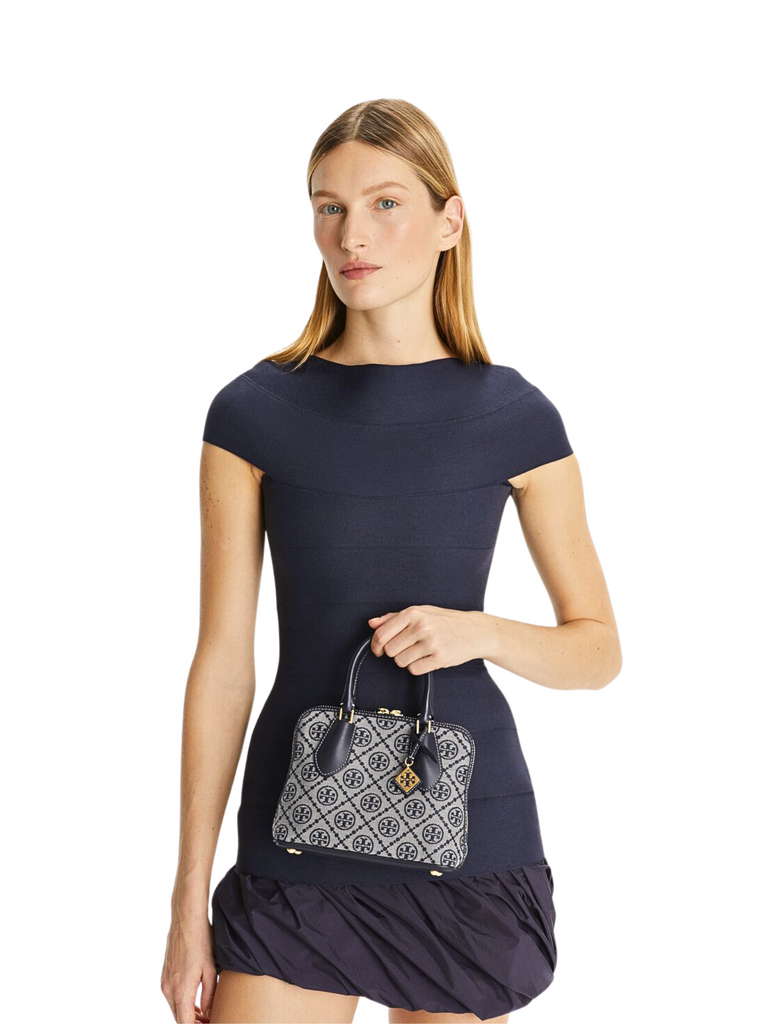 on-model-Tory-Burch-Mini-T-Monogram-Jacquard-Swing-Satchel-Tory-Navy