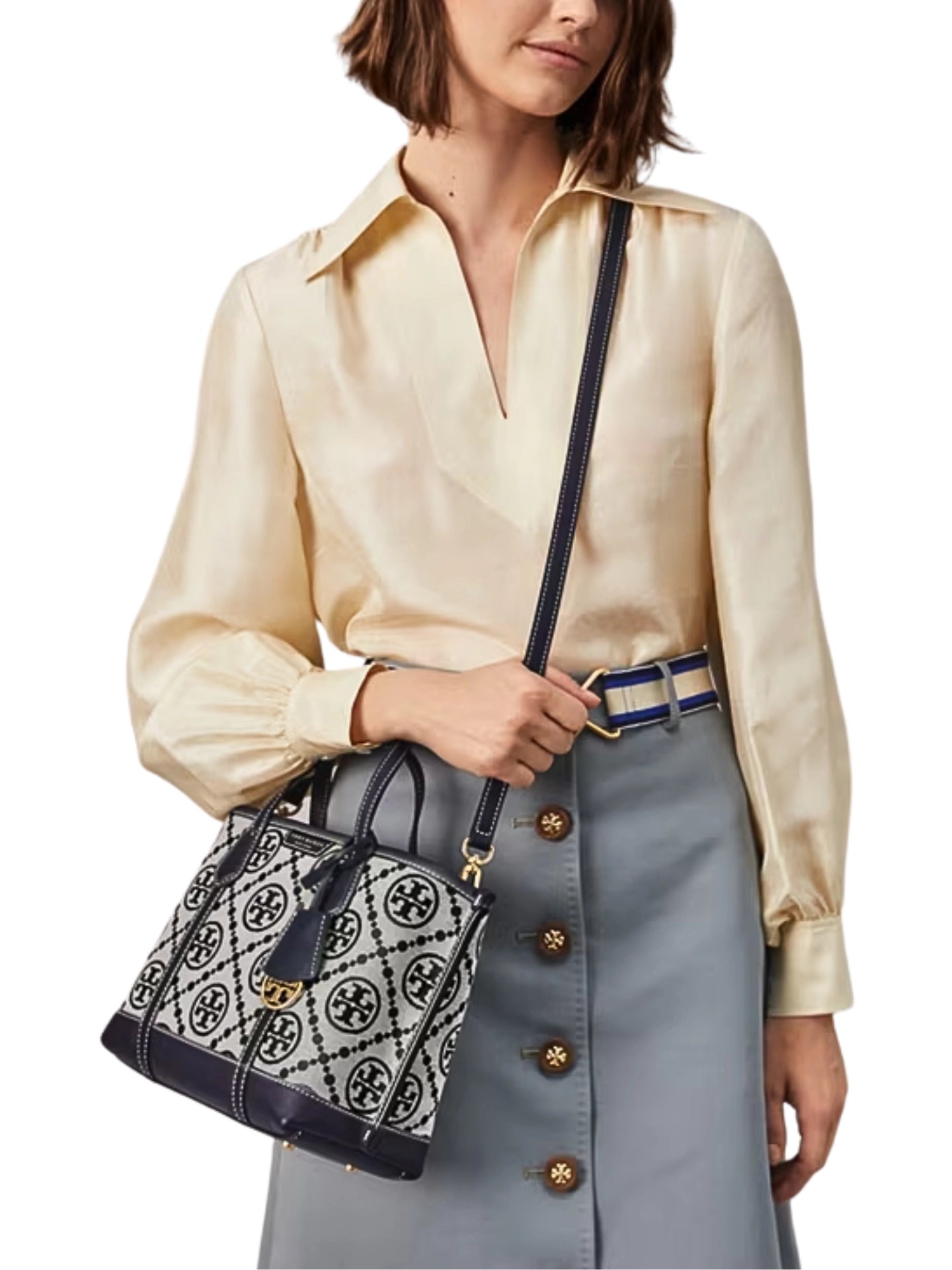 Tory Burch Perry T Monogram Small Triple-Compartment Tote Bag Tory Navy
