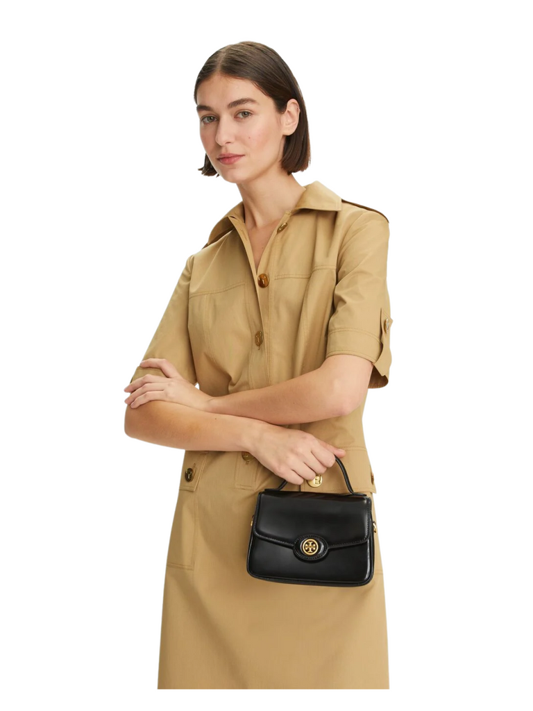 on-model-Tory-Burch-Robinson-Spazzolato-Small-Top-Handle-Bag-Black