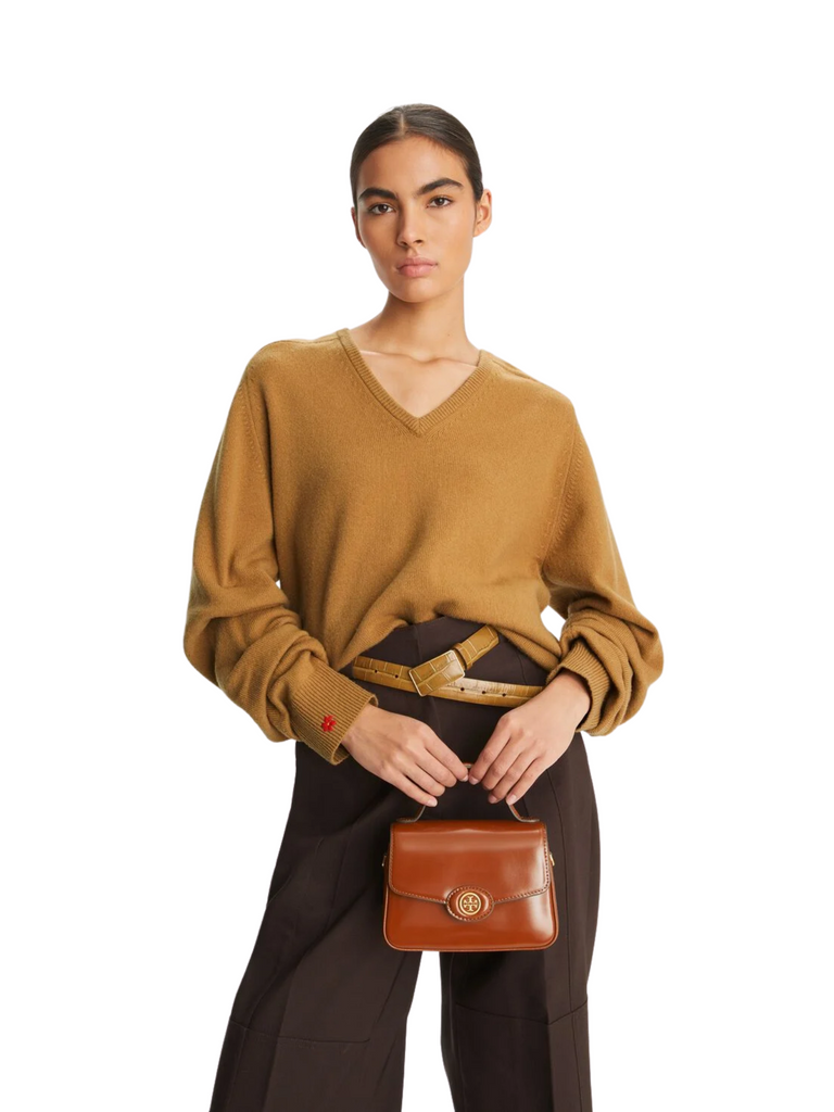 on-model-Tory-Burch-Robinson-Spazzolato-Small-Top-handle-Bag-Dark-Sienna