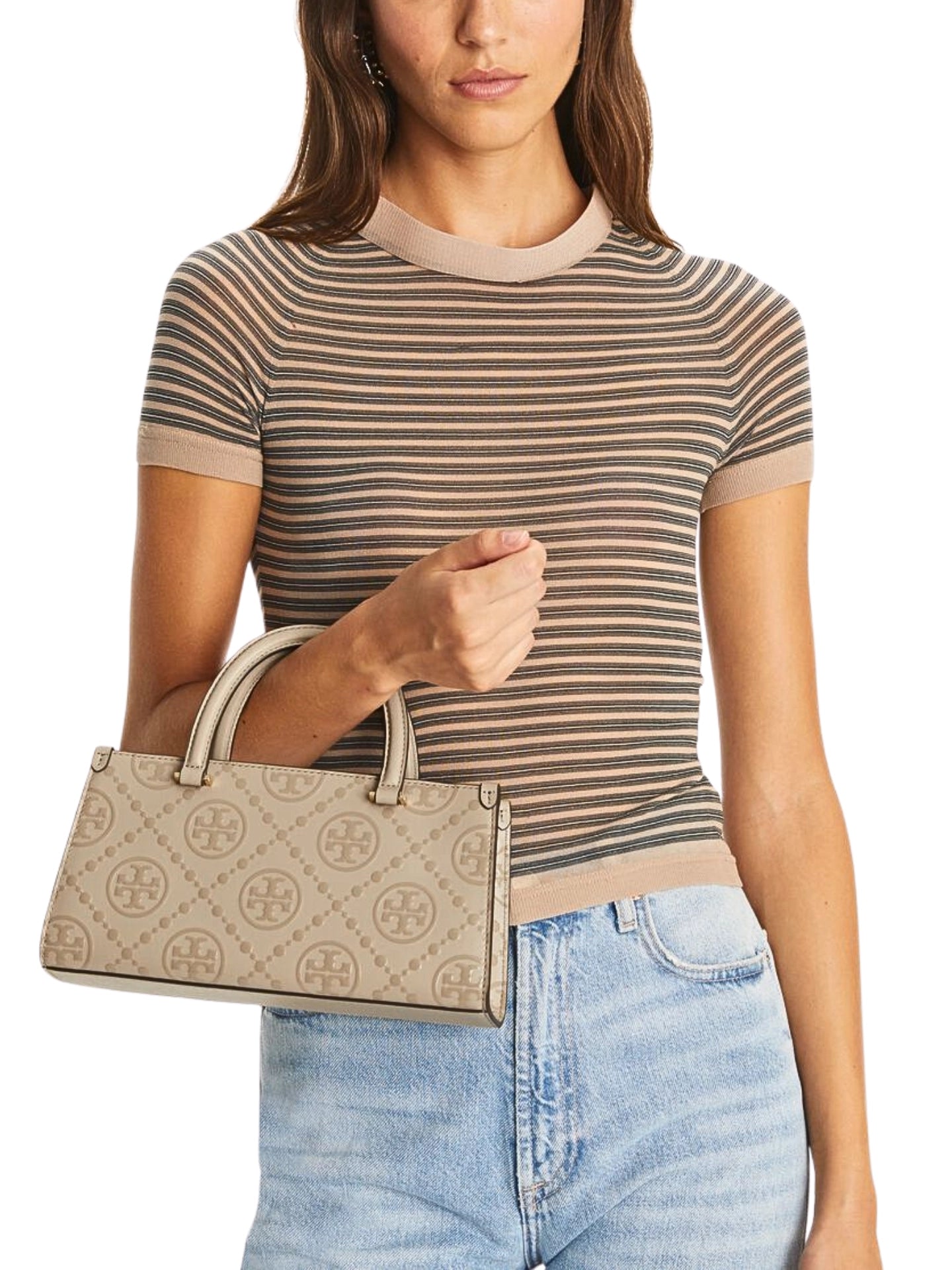 on-model-Tory-Burch-T-Monogram-Embossed-Small-Rectangular-Tote-Bag-Fresh-Clay