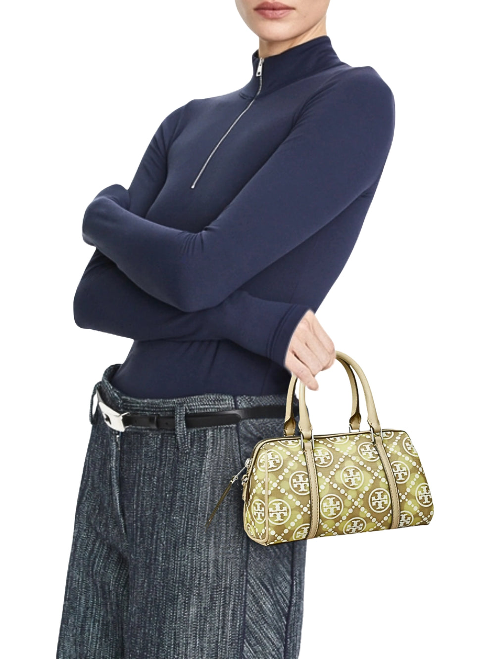 on-model-Tory-Burch-T-Monogram-Mesh-Dot-Petite-Barell-Bag-Soft-Neutral-Honeydew