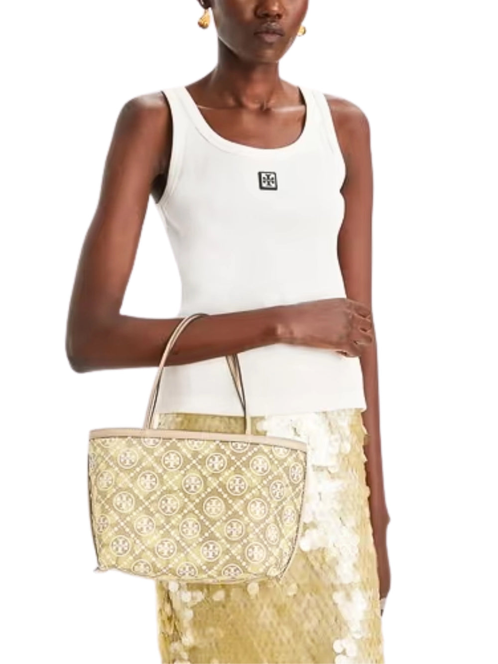 on-model-Tory-Burch-T-Monogram-Mesh-Dot-Tote-Bag-Neutral-Honeydew