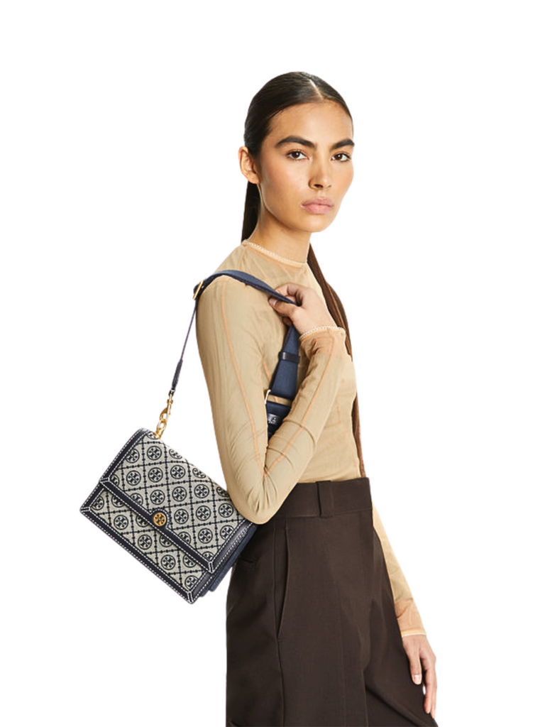 on-model-Tory-Burch-T-Monogram-Small-Jacquard-Shoulder-Bag-Tory-Navy