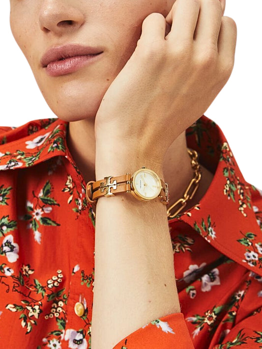 on-model-Tory-Burch-Women-Gold-Tone-Logo-Brown-Leather-Watch