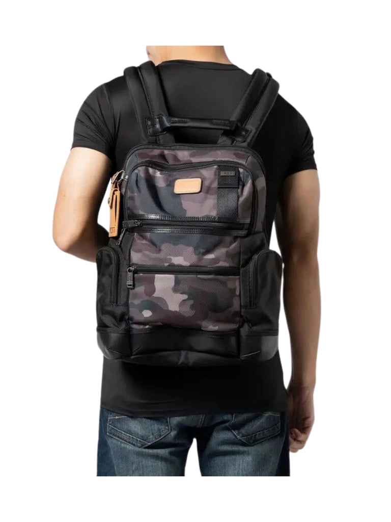 on-model-Tumi-Parrish-Camo-Nylon-Backpack-Grey-Brown