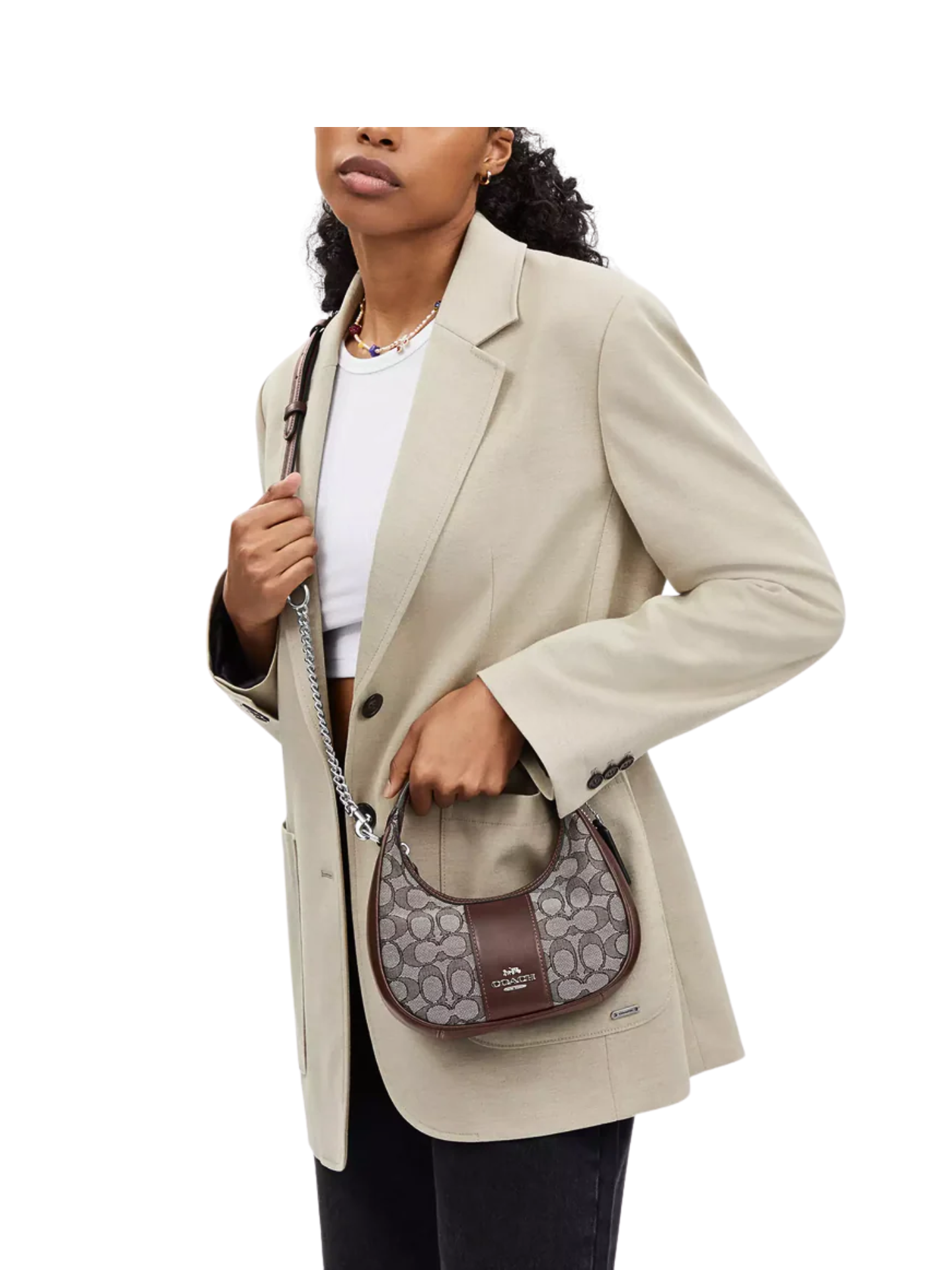 on-model-crossbody-Coach-Carmen-Mini-Crossbody-In-Signature-Jacquard-Oak-Maple