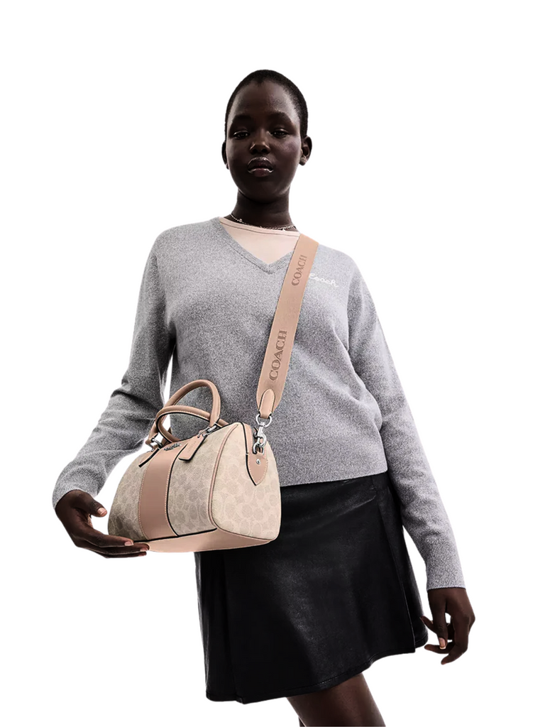 on-model-crossbody-Coach-Rowan-Satchel-Bag-In-Signature-Canvas-Sand-Taupe