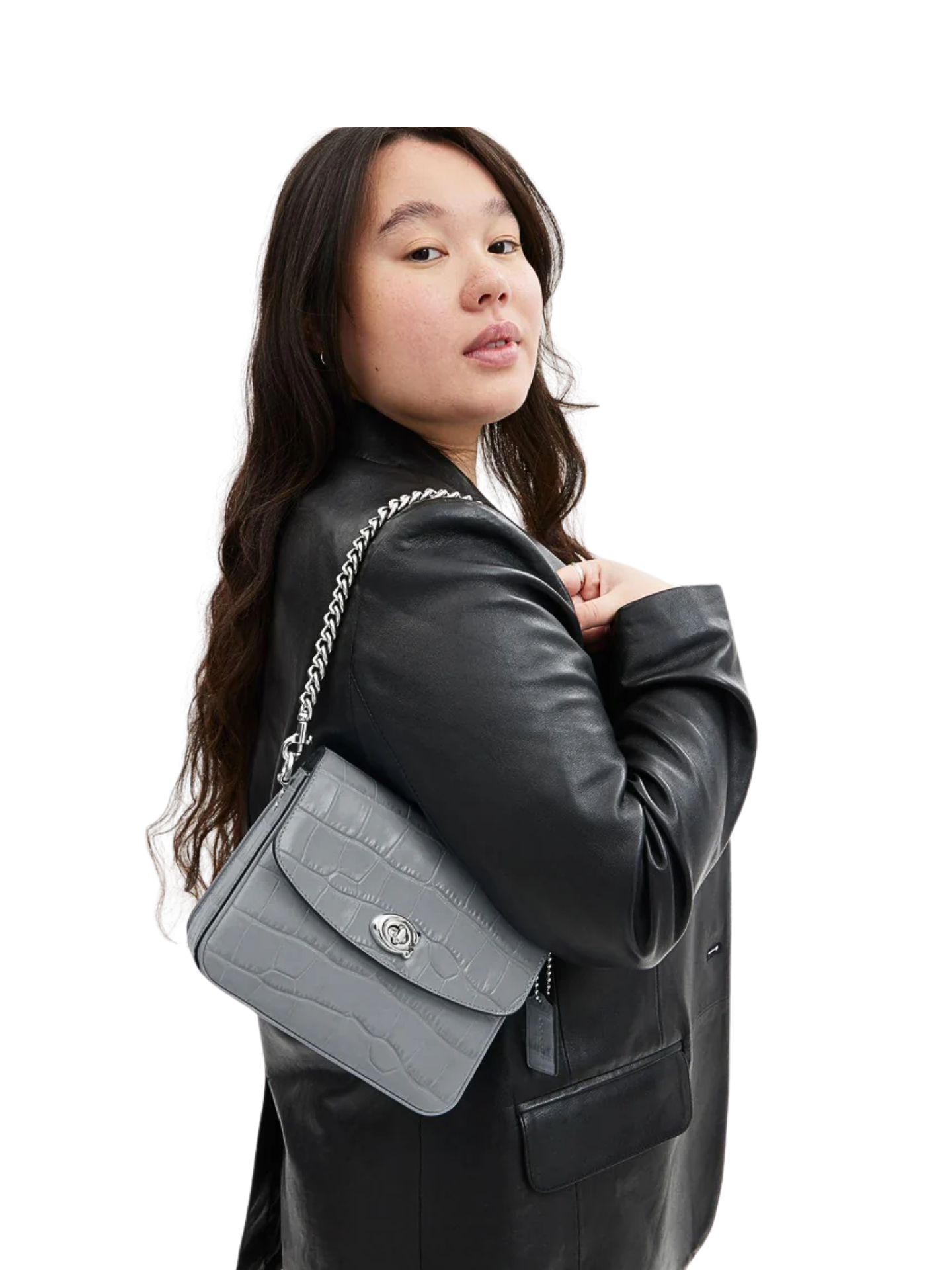 on-model-shoulder-Coach-Cassie-19-Croc-Embossed-Crossbody-Bag-Grey-Blue