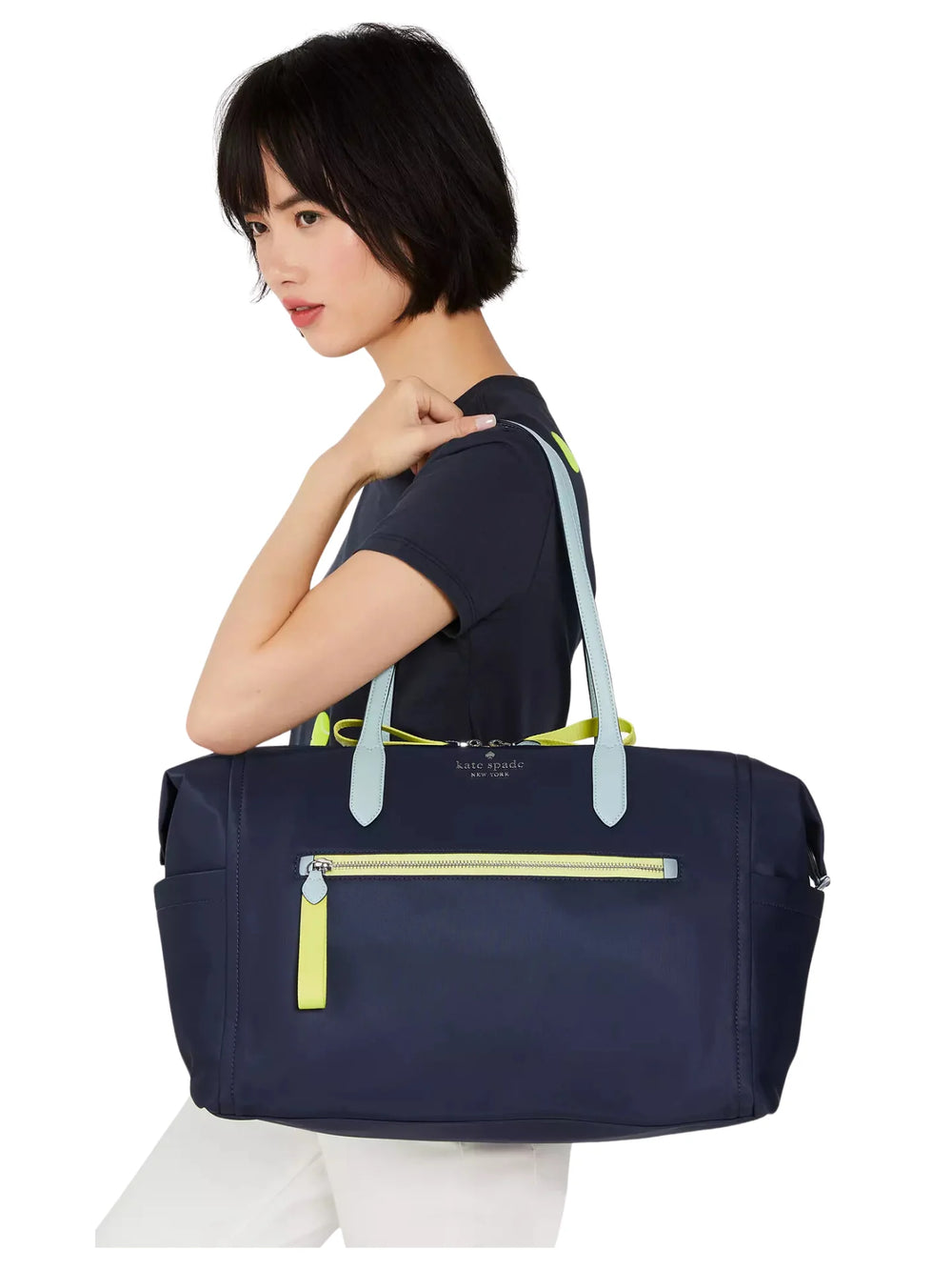 on-model1-Kate-Spade-Chelsea-Nylon-Weekender-Bag-Colorblok-Blazer-Blue