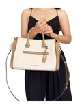 on-model2-Michael-Kors-Carine-Large-Top-Zip-Satchel-Crossbody-Light-Cream-Multi-Leather
