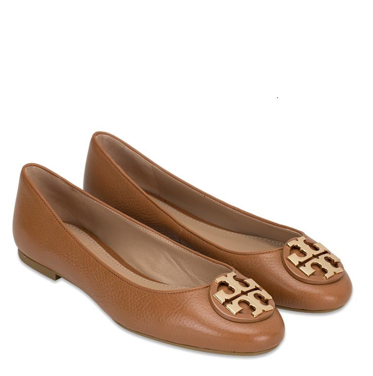 Tory Burch 43394 Claire Ballet Tumbled Leather Flats Royal Tan (Size 7,5)