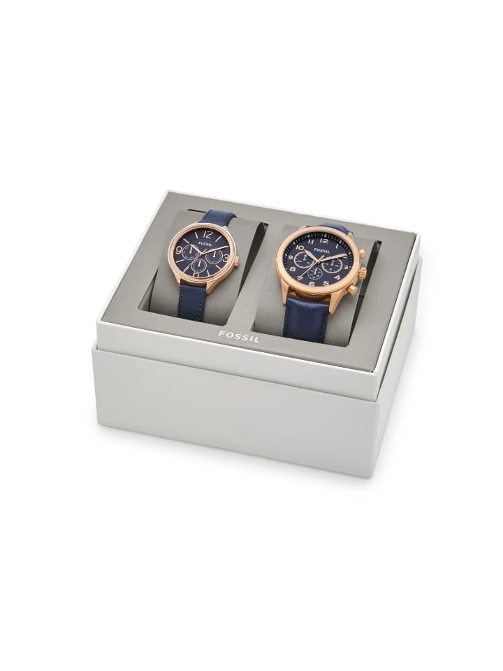 Fossil Bq2186set His Chronograph And Her Multifunction Navy Leather Watch Gift Set