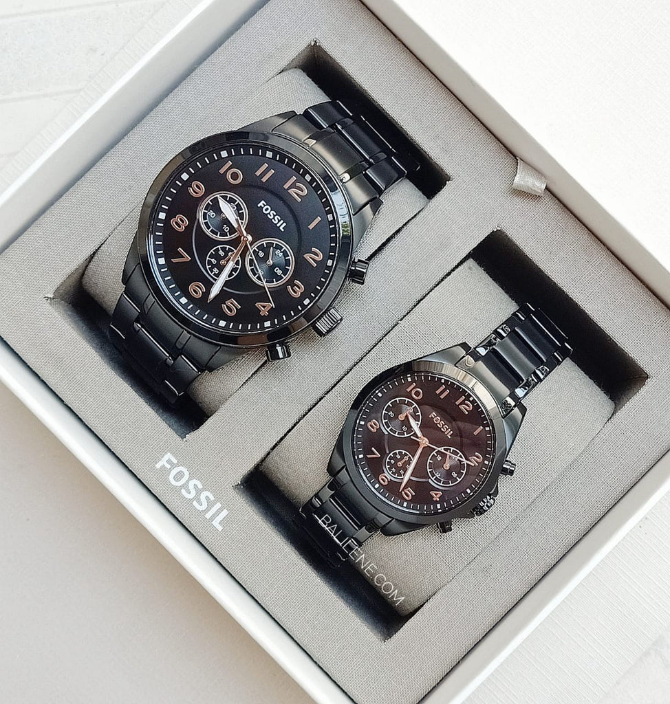 Fossil Bq2278set His And Her Chronograph Black Stainless Steel Watch Gift Set