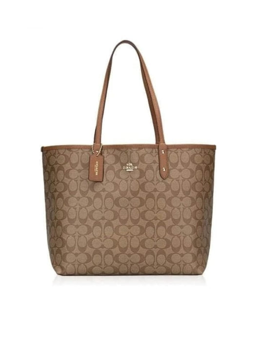 Coach 36658 Reversible Signature City Tote Khaki Saddle