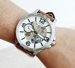 Fossil ME3128 Nate Cream Skeleton Dial Brown Mechanical