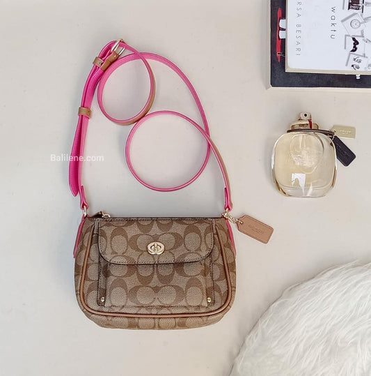 Coach F38121 Sadie Crossbody In Signature Canvas Khaki Neon Pink