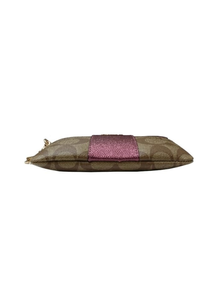 Coach F80151 Corner Zip Box Wristlet Signature Metalik Khaki Wine