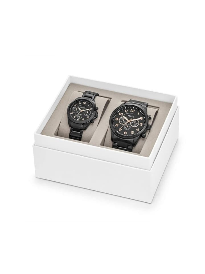 Fossil Bq2278set His And Her Chronograph Black Stainless Steel Watch Gift Set