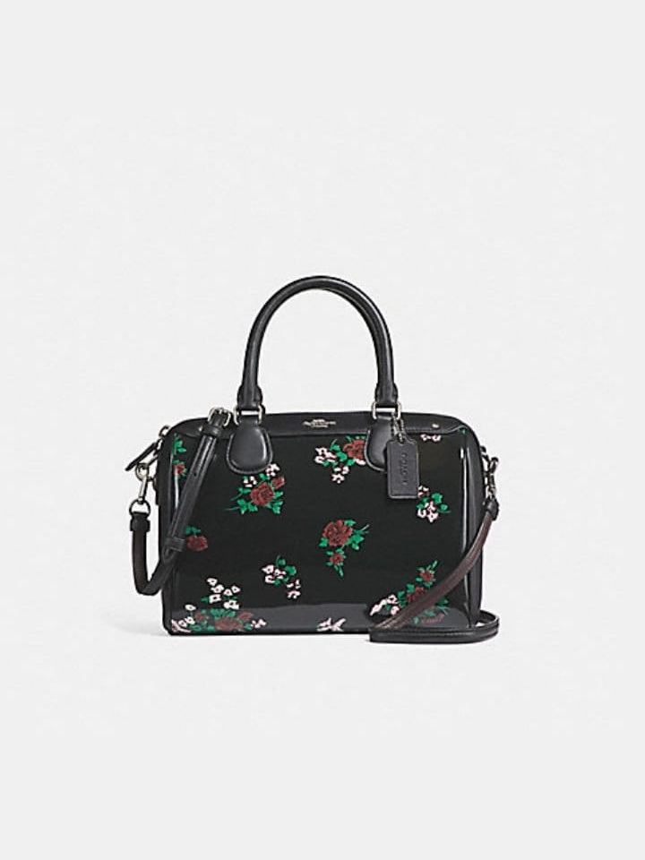 Coach F25856 Mini Bennett Satchel  With Cross Stitch Floral Print Silver / Black Multi