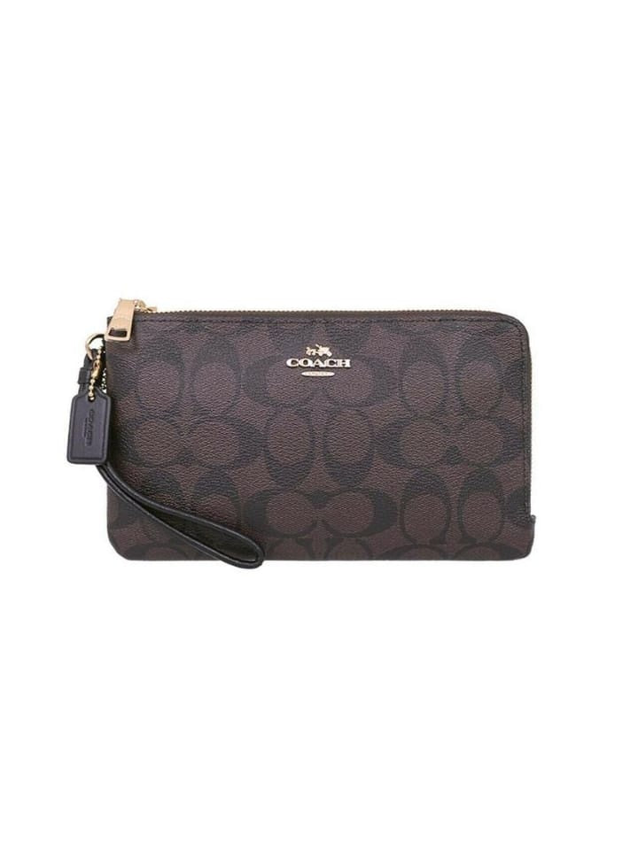 Coach F16109 Sig PVC Large Double Zip Wallet Brown Black