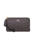 Coach F16109 Sig PVC Large Double Zip Wallet Brown Black