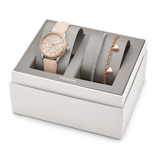 Fossil BQ3198SET Modern Shopisticate Multifunction Nude Leather Watch And Jewelry Gift Set