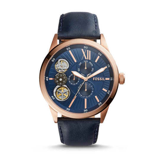 Fossil Bq2219 Watch Flynn Mechanical Navy Leather Watch