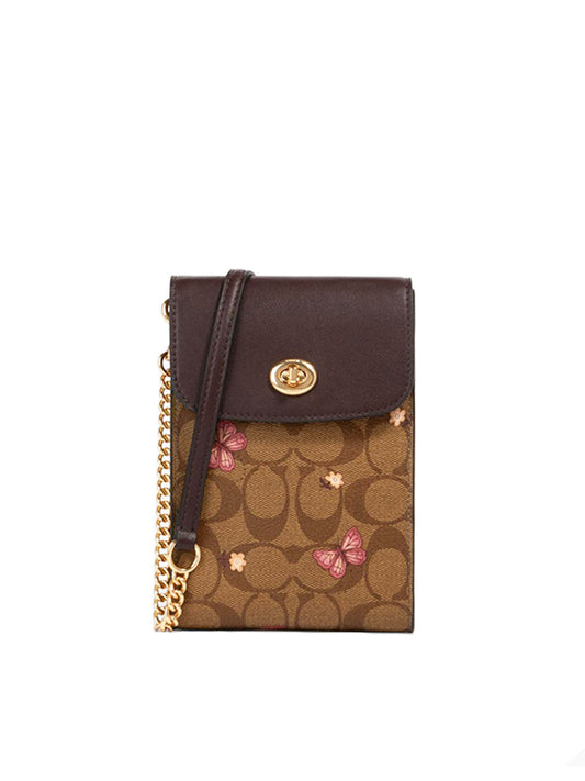 Coach 2616 Rachel Phone Crossbody In Signature Canvas With Butterfly Print Khaki Pink Multi