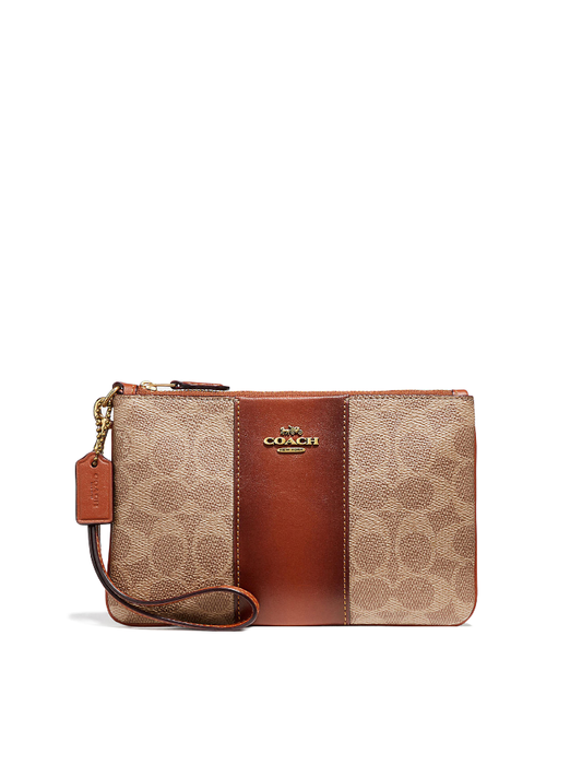 Coach Small Wristlet In Colorblock Signature Canvas Tan Rust