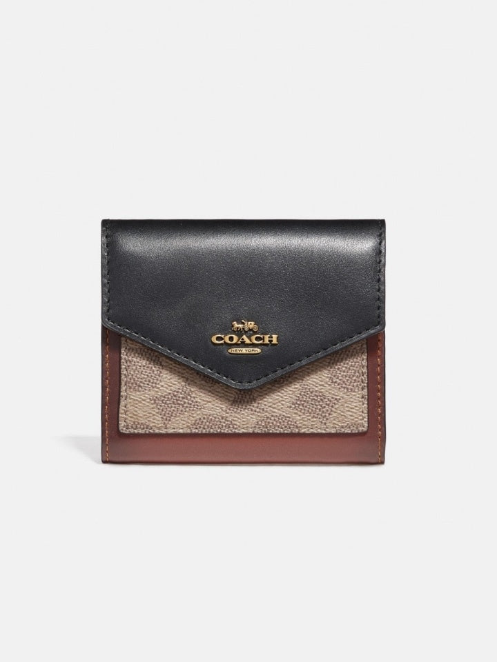 Coach 32610 Small Wallet In Colorblok Signature Tan Black Balilene