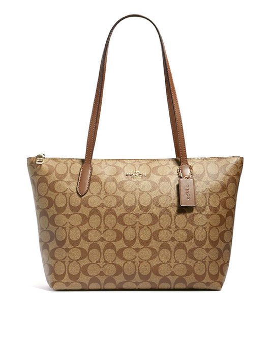 Coach Zip Top Tote In Signature Canvas Khaki Saddle