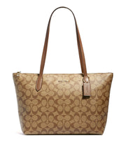 Coach Zip Top Tote In Signature Canvas Khaki Saddle