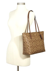 Coach Zip Top Tote In Signature Canvas Khaki Saddle