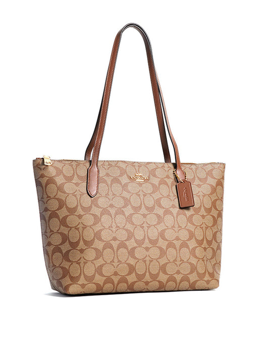 Coach Zip Top Tote In Signature Canvas Khaki Saddle