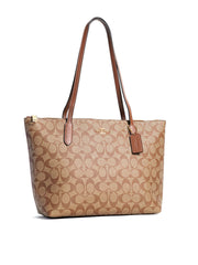 Coach Zip Top Tote In Signature Canvas Khaki Saddle