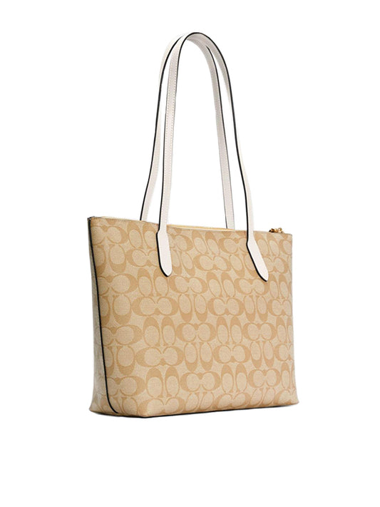 Coach Zip Top Tote In Signature Canvas Light Khaki Chalk