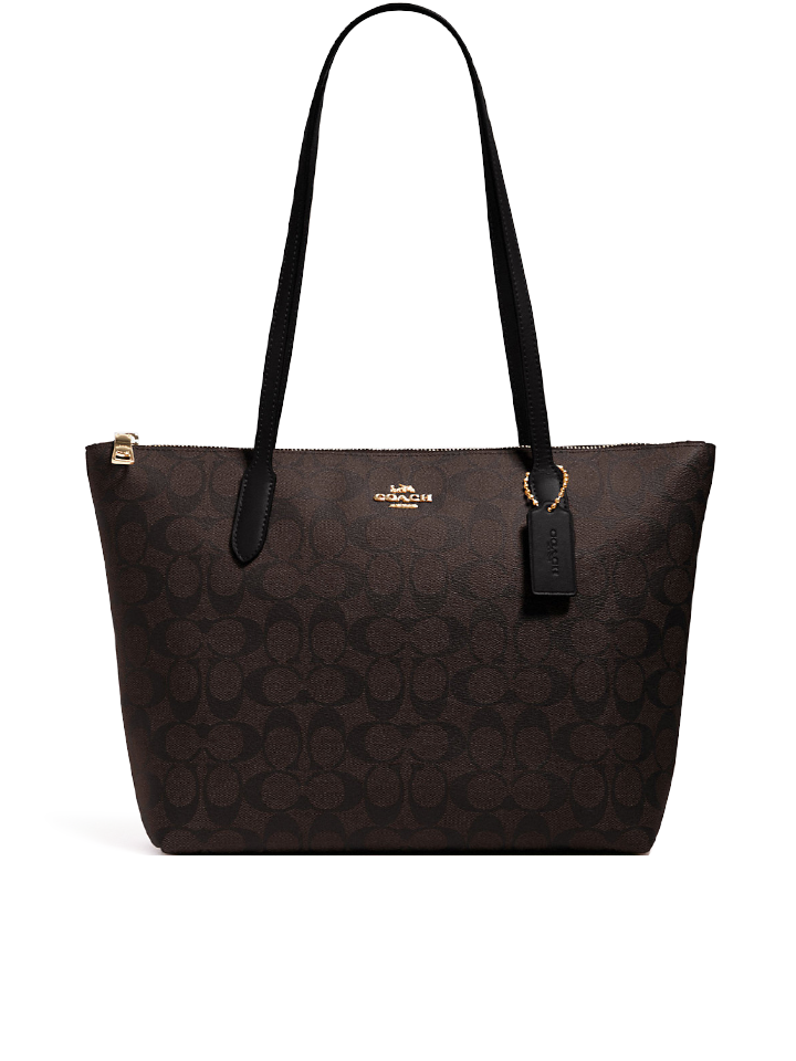 Coach Zip Top Tote In Signature Canvas Brown Black