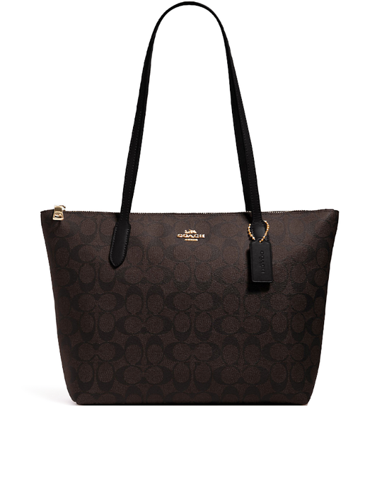 Coach Zip Top Tote In Signature Canvas Brown Black