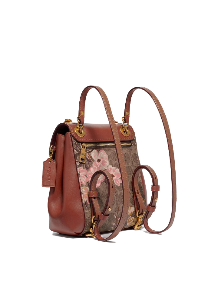 Coach 53087 Parker Convertible Backpack 16 In Signature Canvas With Prairie Floral Print Tan Rust Bow